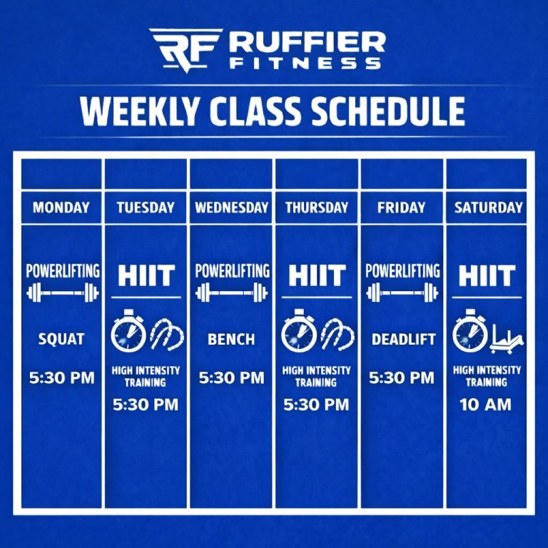 Group fitness class schedule Monday through Friday Ruffier Fitness
