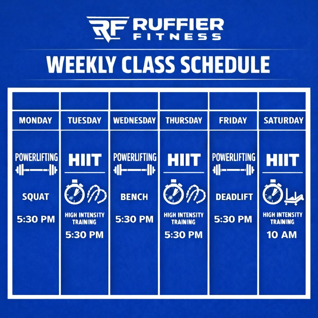 Group fitness class schedule Monday through Friday Ruffier Fitness