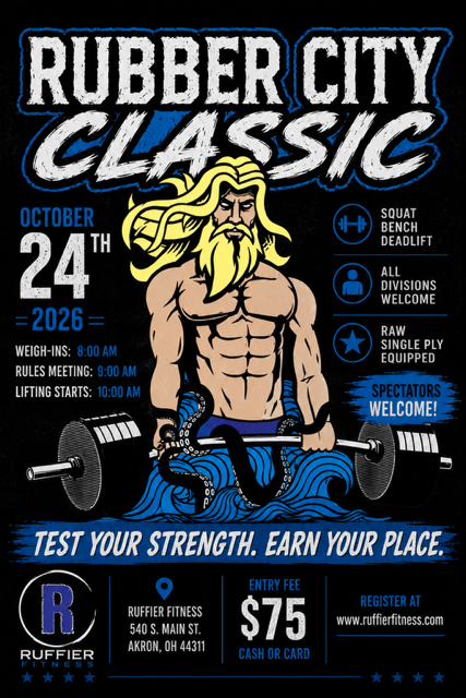 Flyer for rubber city classic power lifting meet at Ruffier fitness with posiden deadlifting. October 24th 2026 in Akron ohio.
