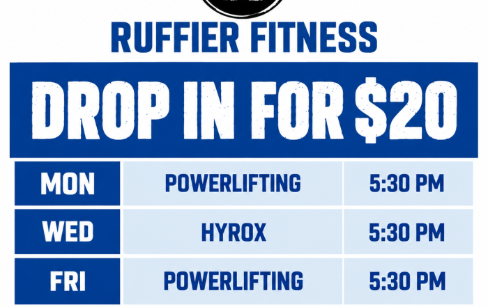 Drop in group fitness classes 20 dollars at Ruffier fitness Akron Monday, Wednesday and Friday
